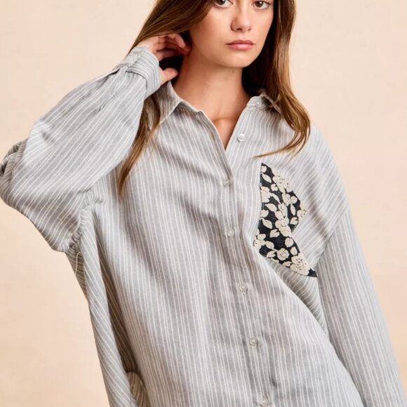 BiBi Flower Jacquard Knit Patch Pocket Stripe Shirt - Picture 9 of 16